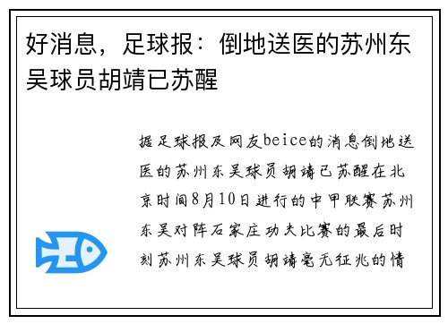 好消息,足球报:倒地送医的苏州东吴球员胡靖已苏醒 好消息,足球报:倒地送医的苏州东吴球员胡靖已苏醒